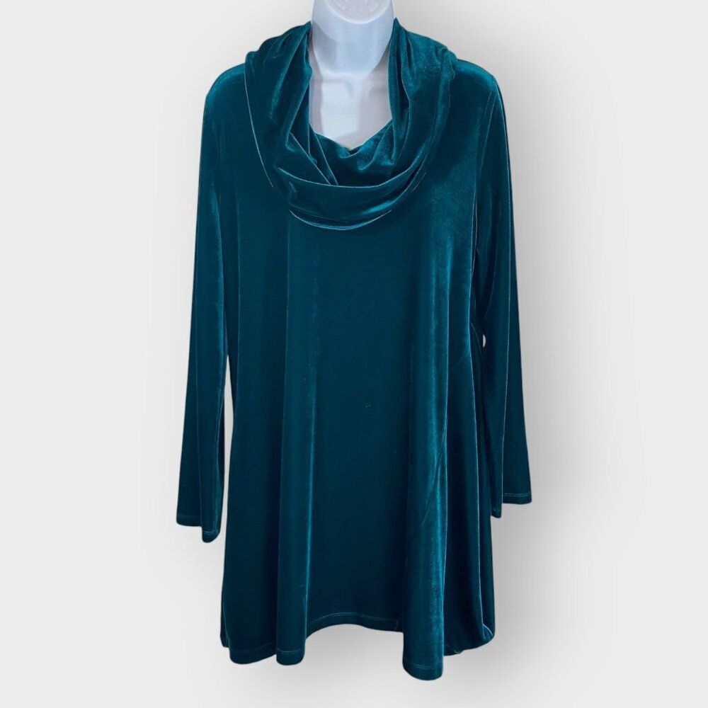 Soft Surroundings Womens Velvet Tunic | M | Teal Green | Cowl Neck Long Line